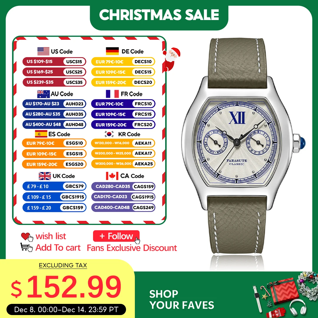 

FARASUTE 2024 New 36mm Men's Quartz Watch VH64 Movement Stainless Steel Sports Fashion Sapphire Glass Waterproof Men's Watch