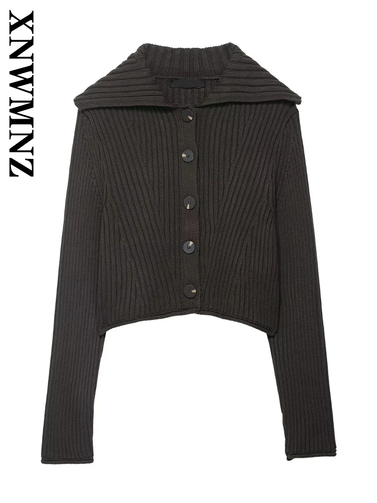 

XNWMNZ 2025 осенняя женская повседневная простая верхняя одежда с длинными рукавами, винтажный модный женский коричневый свитер с отложным воротником для поездок на работу