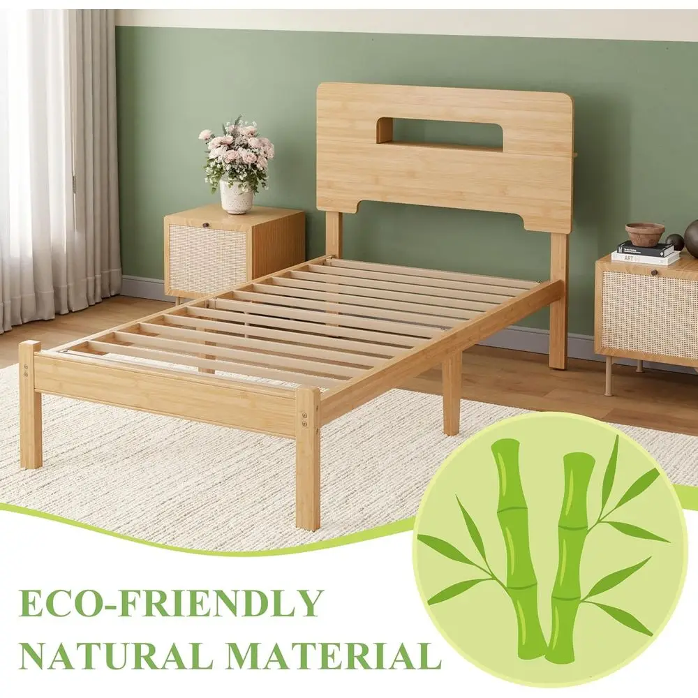 Solid Bamboo Wood Twin XL Bed e with Storage board, 14 inch Platorm Twin XL Bed es No Box Spring Needed with Steel Slats, view 4