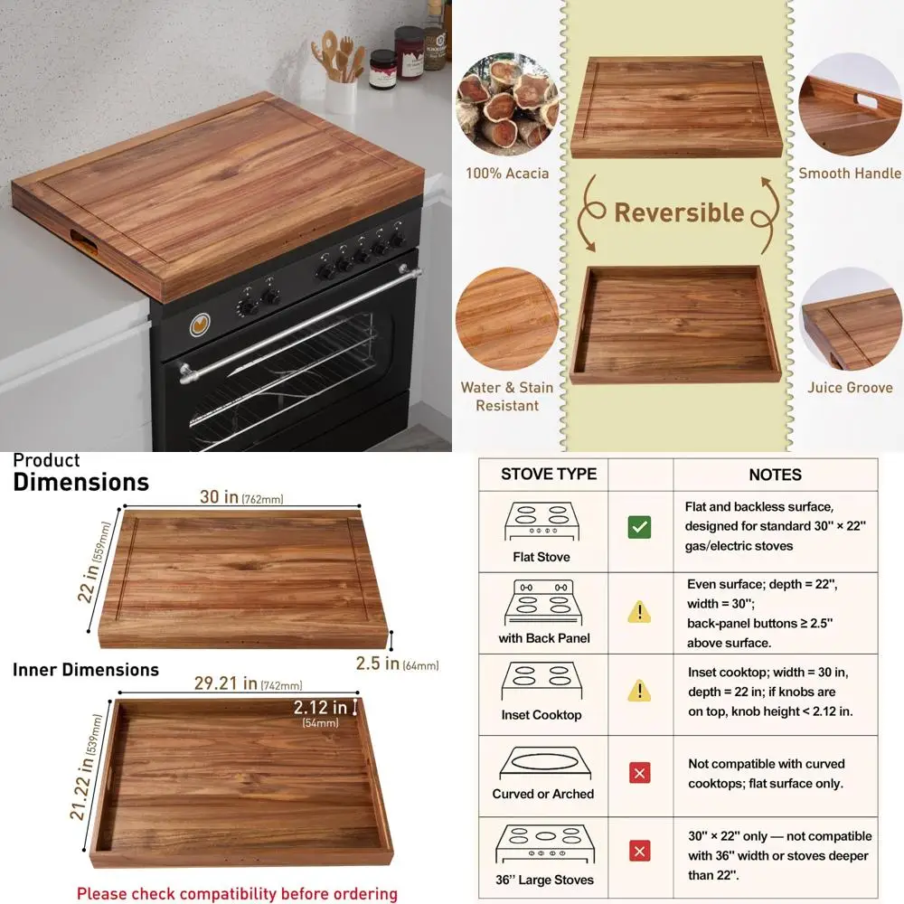 

Acacia Wood Stove Cover for Gas and Electric Burners, 29.21x21.22x2.12 Inches Noodle Board with Handles, Cutting Board with J-Sh