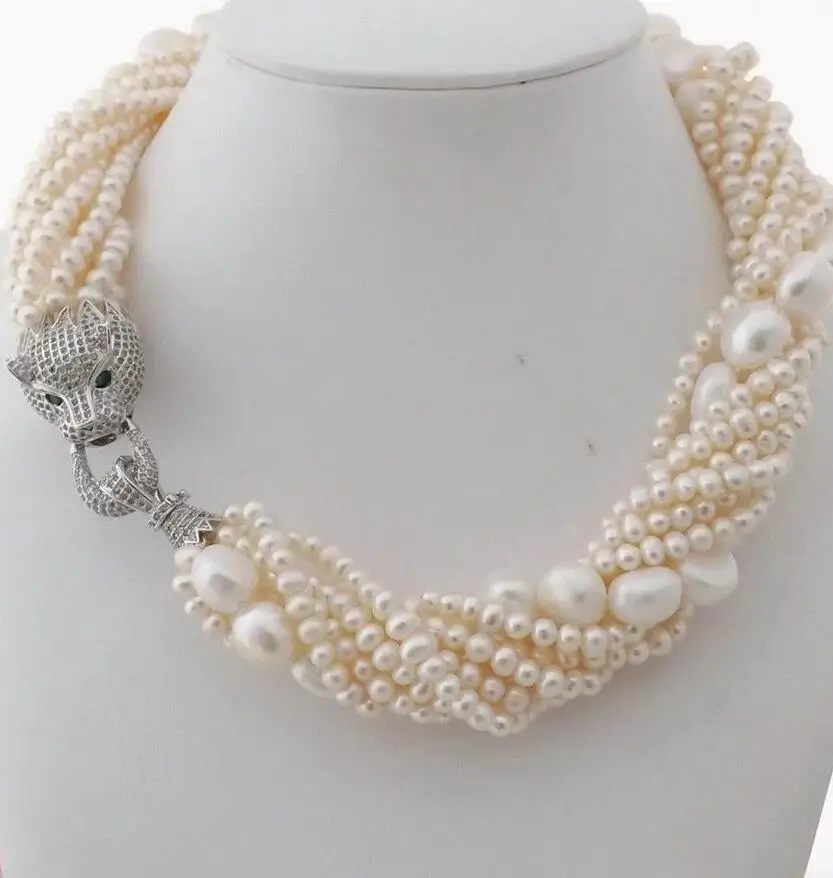 

New natural 7 Strands Freshwater white Pearl 5-11MM Necklace Cz Pave Leopard head Clasp 18inches