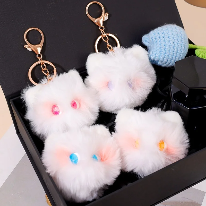 Blush Cat Ball Plush Pendant Keychain Cute Hand-Made Kitty Doll Cartoon Key Rings Keyholder for Women Girl Bag Car Keyring Gifts