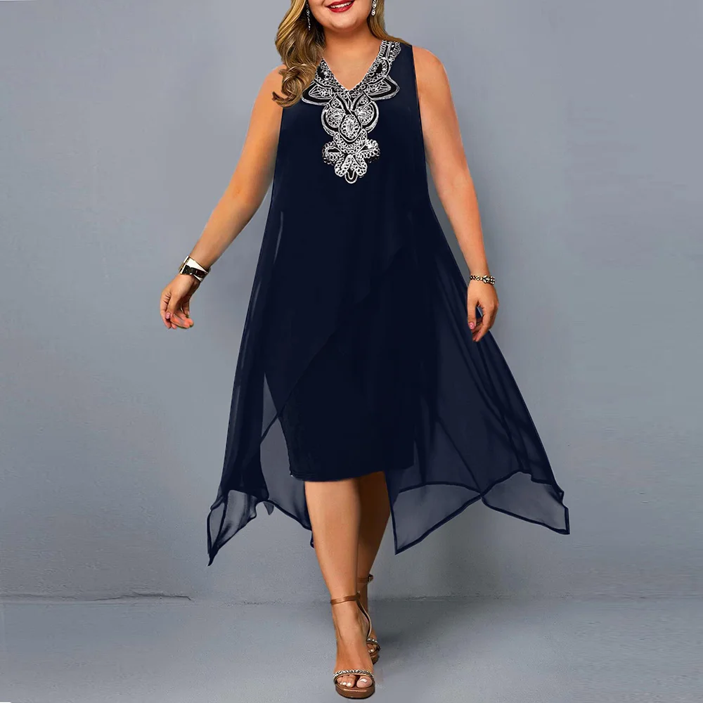 

Plus Size Dress for Women Elegant Mesh Irregular Slim Long Dress 2025 Summer Casual Sleeveless Evening Party Dress 2XL 3XL 4XL