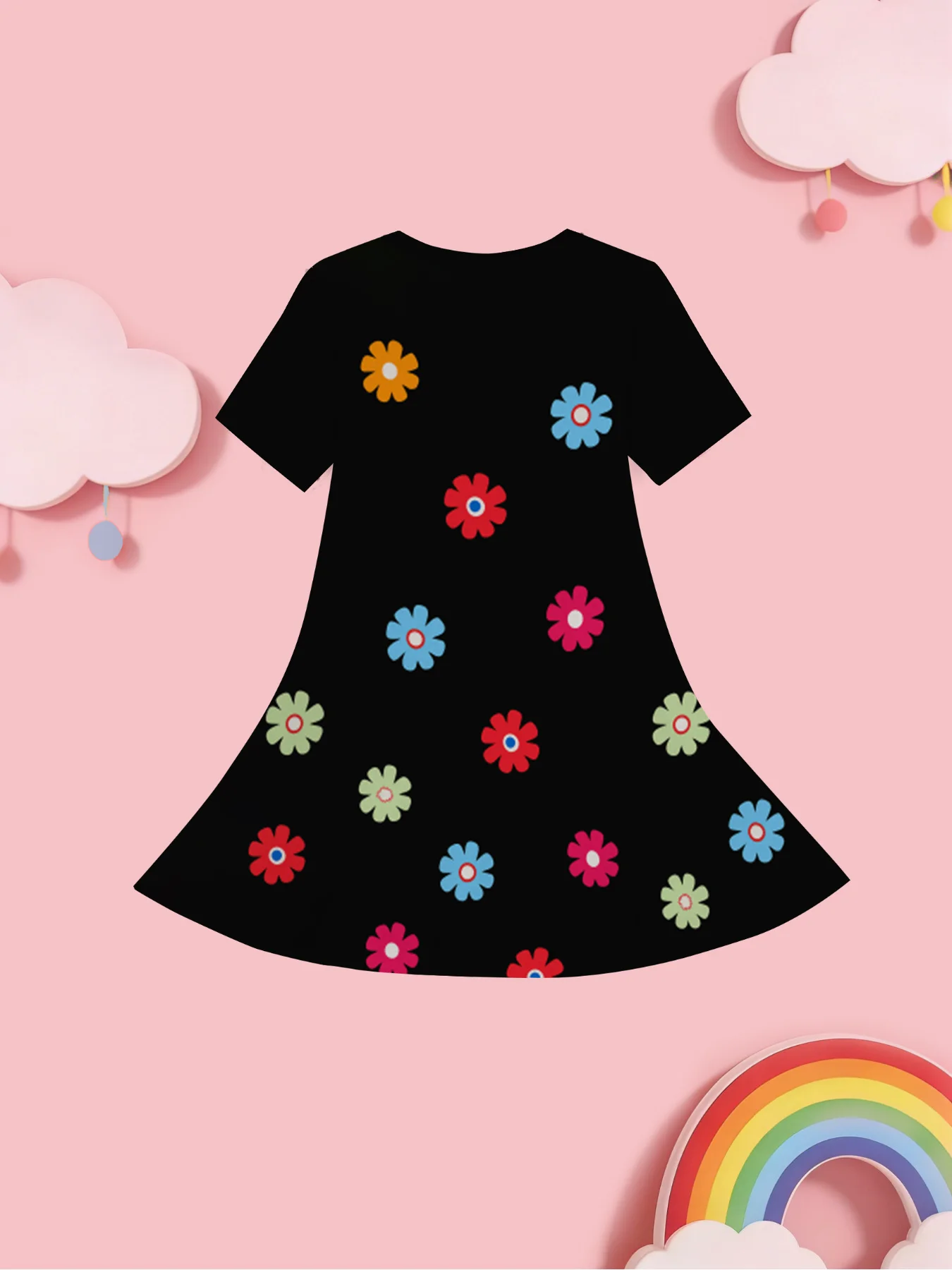 Kids Girls Flower Print Swing Dress, Black Background Bright Color Daisy Full Print Short Sleeve A-line Dress for Outdoor
