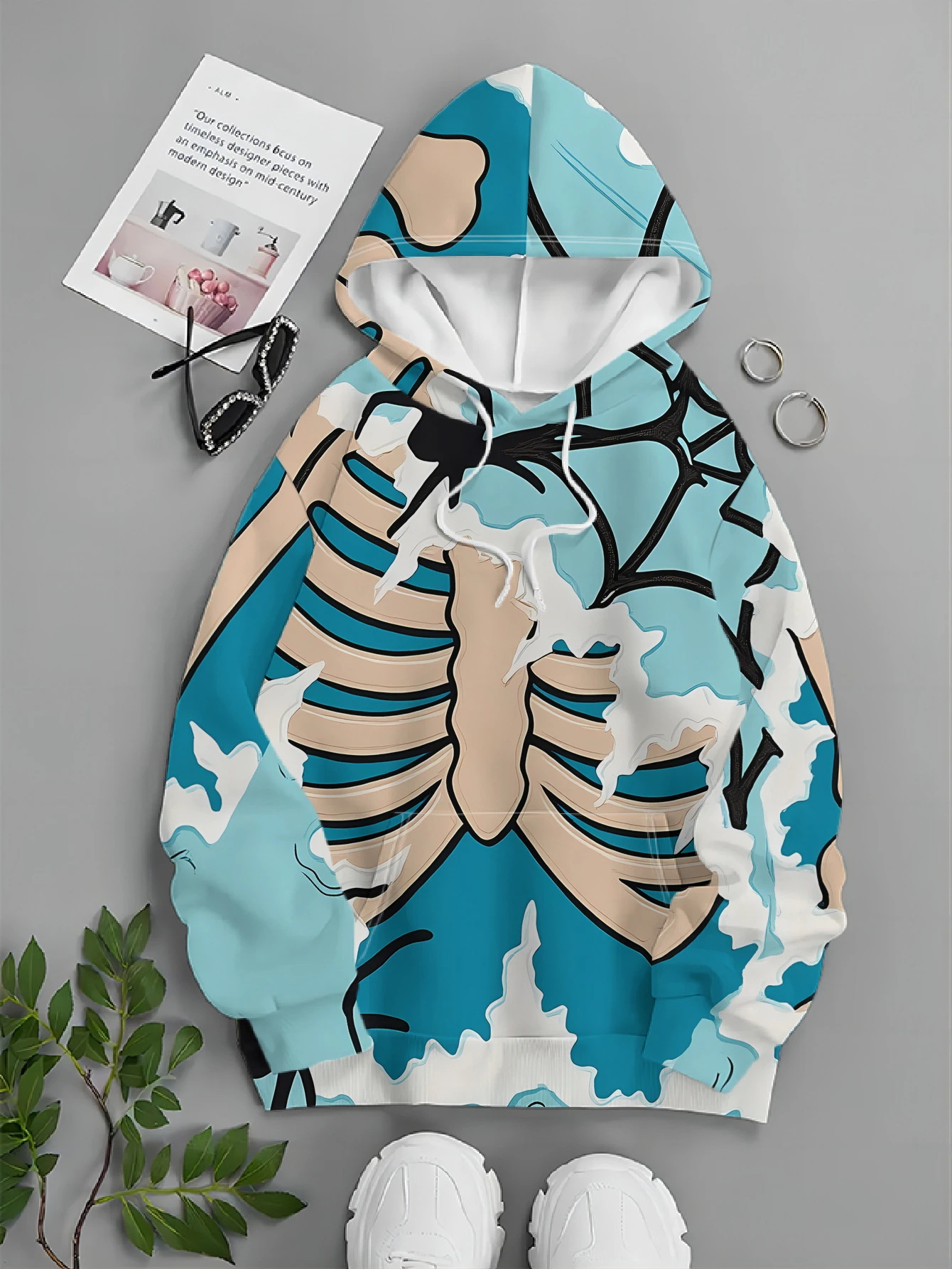American Street Cloud Skeleton Rib Spider Print Hooded Sweatshirt for Men and Women Y2K Dark Loose Oversized Hoodie