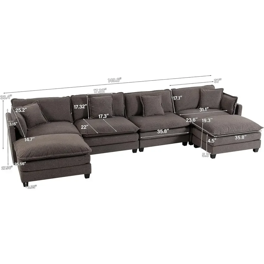 150 Sectional Cloud-Inspired Deep Seating Couch with Ottoman for Living & Bedroom Spaces