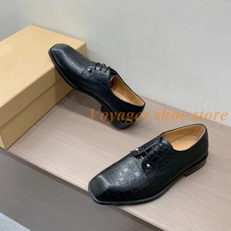 

Men's Black Leather Concise Business Formal Shoes Fashion Silver Metal Decor Small Square Toe Lace Up Wedding Suit Leather Shoes