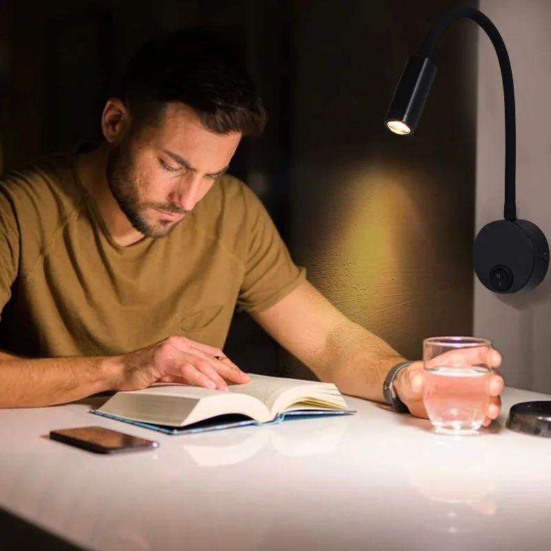 LED Gooseneck Reading Wall Lamp Flexible Adjustable with Switch Work Study Wall Mounted 85-265V Bedroom Bedside Night Light
