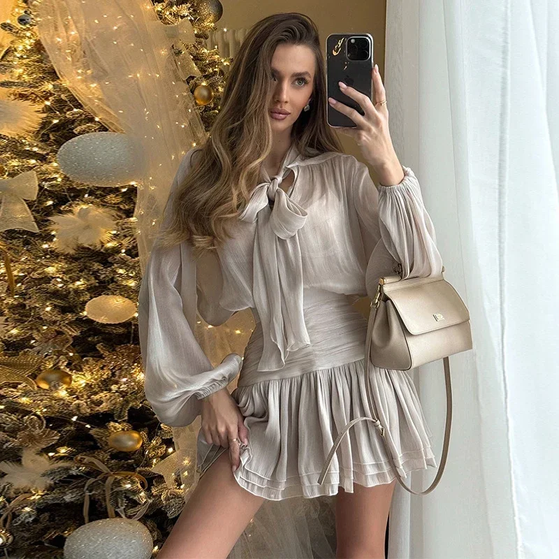 

Autumn Women's Skirt Two Piece Set Bow High Waisted Chiffon Drawstring Dress Suit Ladies Sexy See Through Dress