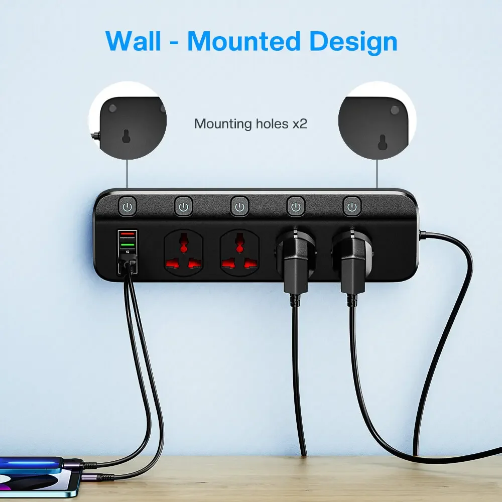 4 Universal Socket 2500W Power Strip for Residential with USB Type-C Charging Station Adapter 4 AC Outlets Power Strip 5 Swich