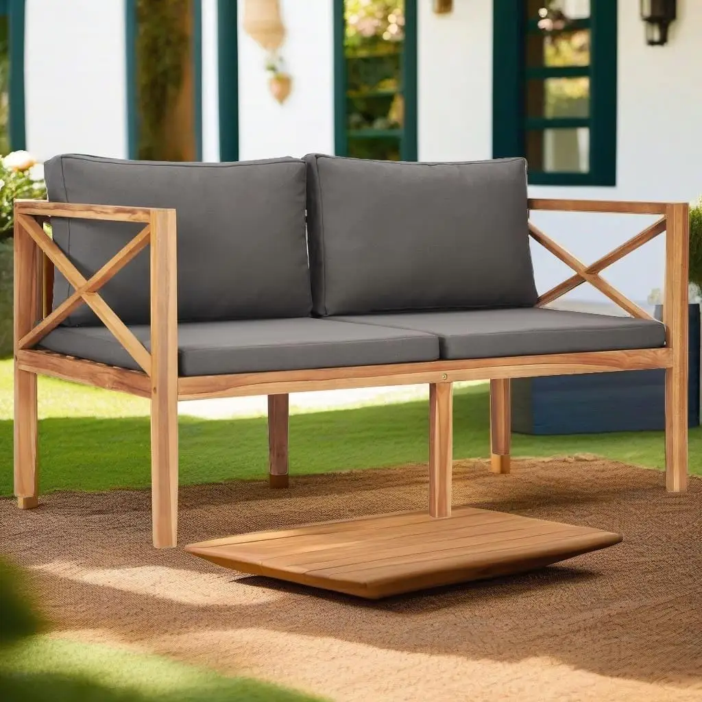 Banc en bois de teck massif avec coussins gris foncé, mobilier de jardin d'extérieur