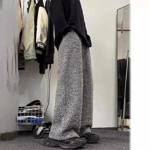 Tweed-modell Herr Casualbyxor Lös passform Amerikanskt Modemärke Vårsäsong Raka Ben Bell Pants 10 best sales tweedbyxor - №5