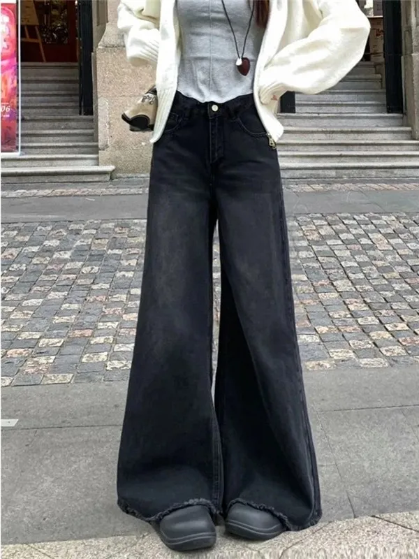 High Waist Wide Leg Black Denim Jeans Women Loose Fitting Lazy Style Tapered Hem Floor Length Pants Vintage American Style