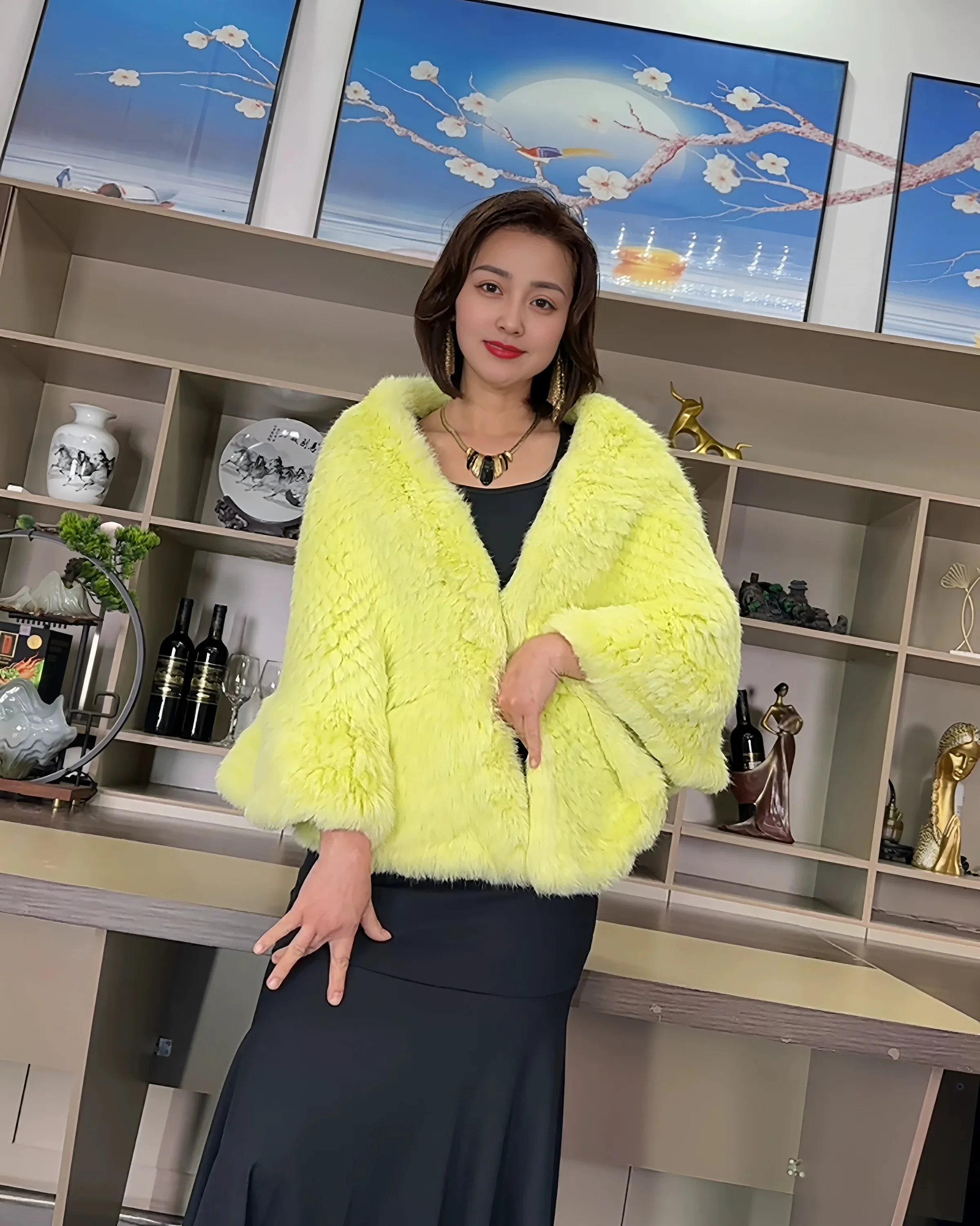 Hot Sales Women Winter Warm Rabbit Fur Cape Fashion New Real Fur Coat High-end Rabbit Fur Double-sided Braided Large Shawl