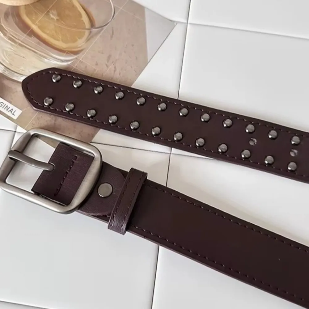 Suede Leather Leather Belt Rivet Design Pin Buckle Pin Buckle Belt High-End Finish Studded Design Waist Strap Belt