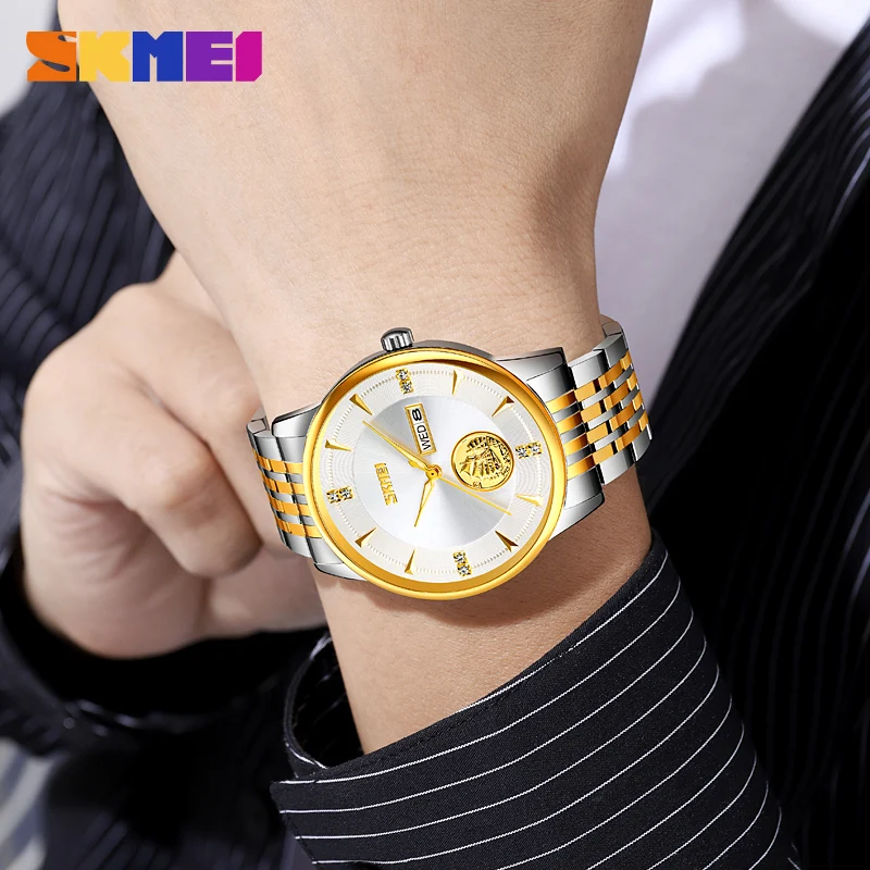 SKMEI Fashion Original Wrist Watches for Man Luxury Stainless Steel Strap Quartz Watch with Date Week Waterproof Sports Clock