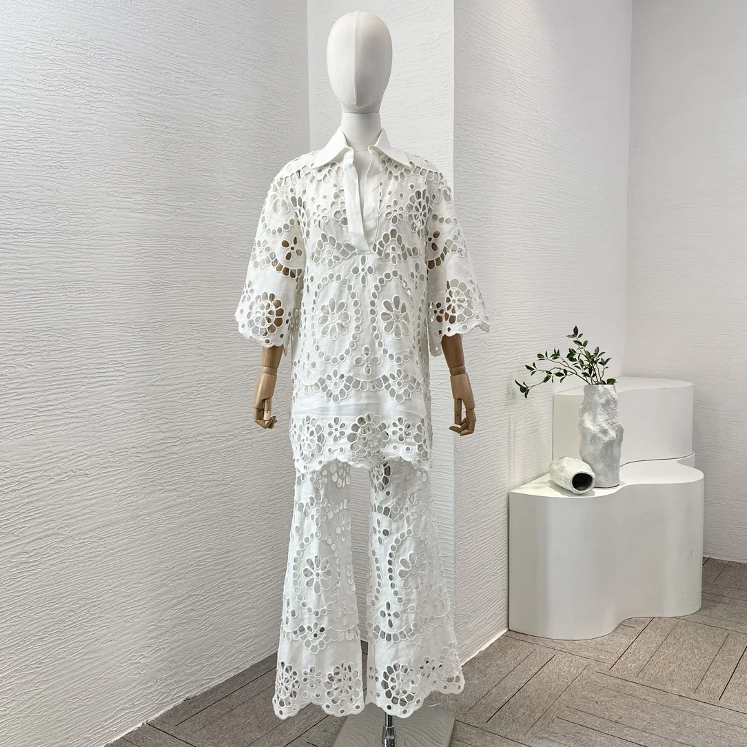 

Linen 2025 High Quality White Hollow Out Embroidery 3/4 Sleeve Blouse Tops and Long Pants Set
