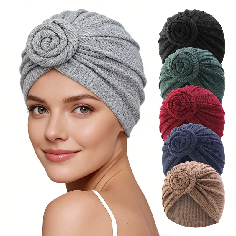 New Women Solid Color Waffle Cotton Knot Turban Hats African Head Wraps Elastic Muslim Hats Elegant Pleated Beanie Chemo Caps
