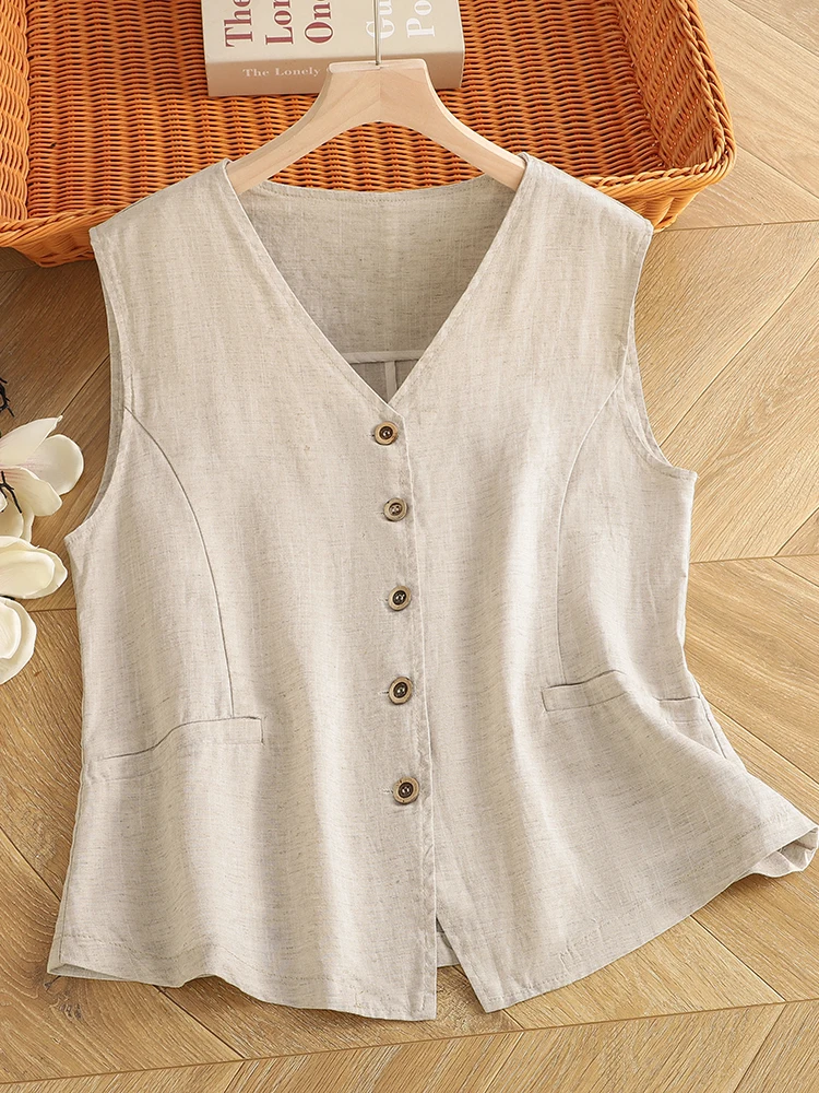 

Cotton Linen V-neck Tank Top Women Summer Thin Breathable High-grade Casual Sleeveless Vest Shoulder Pad Slimming Top