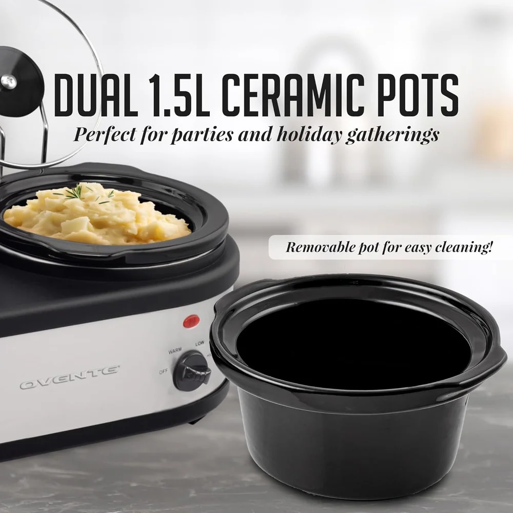 Dual Buffet Station Slow Cooker with 2 Independent 1.5 Quart Ceramic Pots Temperature Control Parties and Gatherings