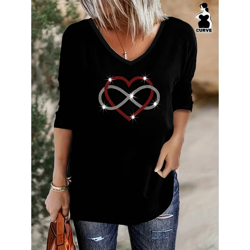 Women's  Seven Sleeve Casual Rhinestone Design T Shirt, Heart and Love Pattern V Neck 3/4 Seven Sleeve Women's Tops