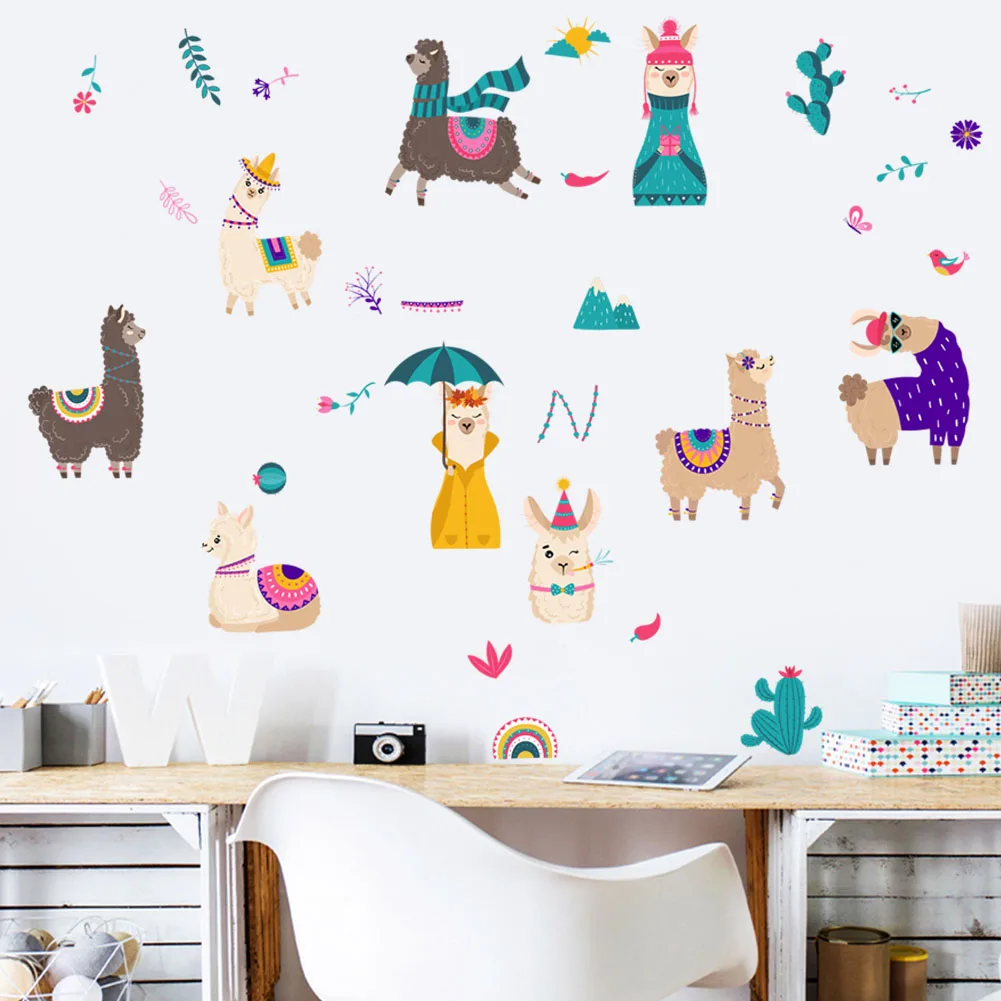 Cute Cartoon animal Alpaca wall stickers for kids rooms bedroom home decoration 3d vivid wall decals pvc mural art poster