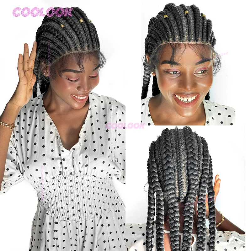 باروكة دانتيل ضفائر كورنو مقاس 36 بوصة، باروكات صناعية مضفرة بدون صمغ للنساء #3