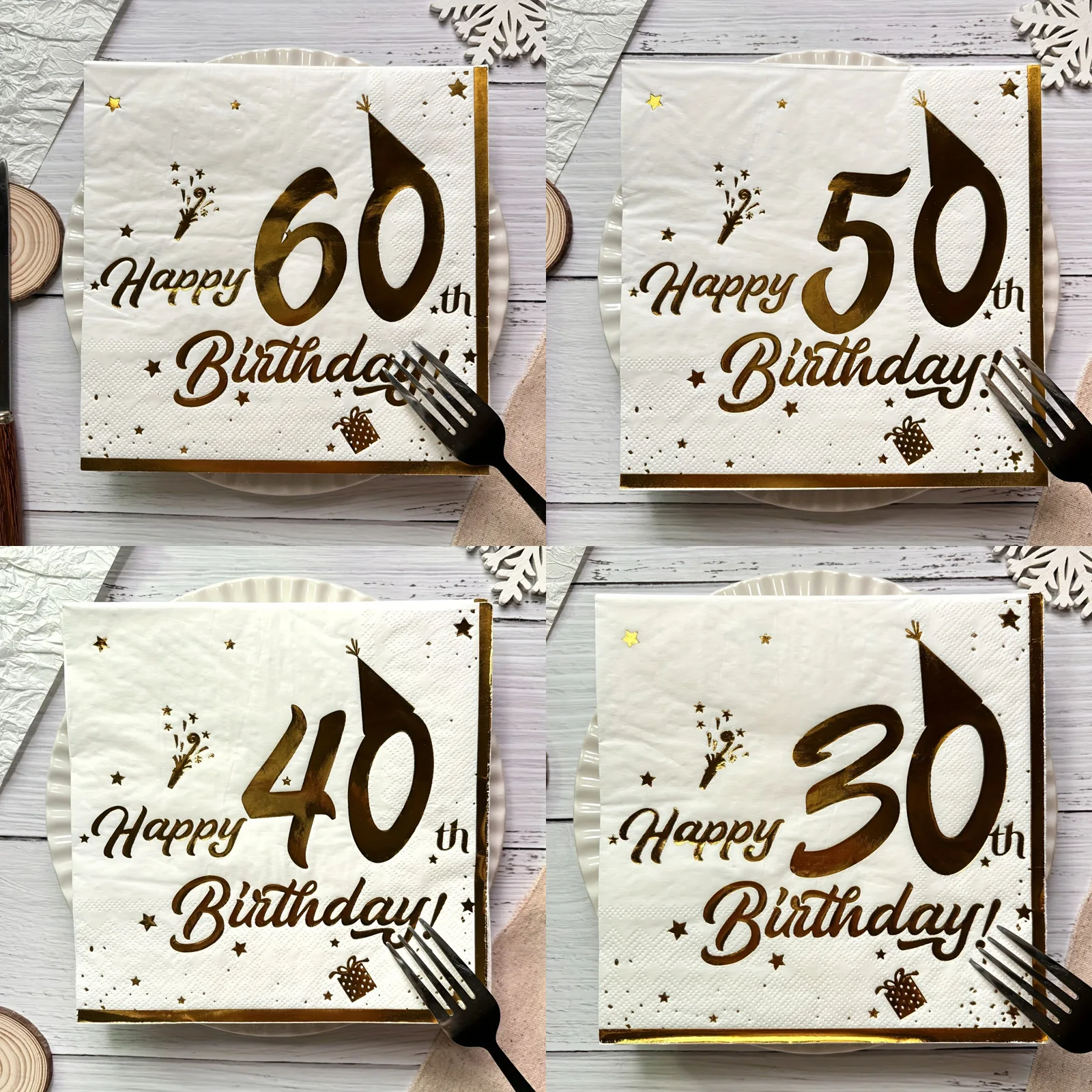 20 szt. serwetek Happy Birthday w kolorze białym i złotym, serwetki stołowe, dekoracje urodzinowe, papierowa serwetka na lunch