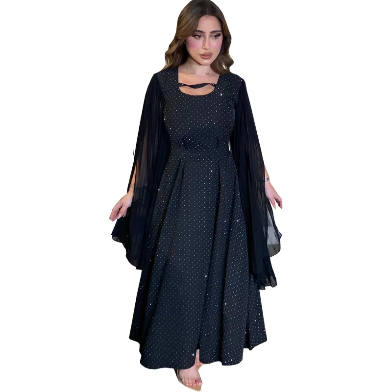 Moyen-Orient mode musulmane femmes diamant noir clouté décontracté à la mode élégant à manches longues cheville longueur robes vêtements féminins