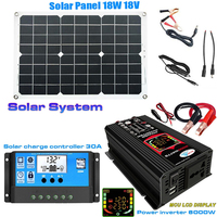 6000W Solar Inverter 18W Solar Power System Solar Panel Battery Charger Complete Kit Solar Controller 30A Car Van Boat Camper