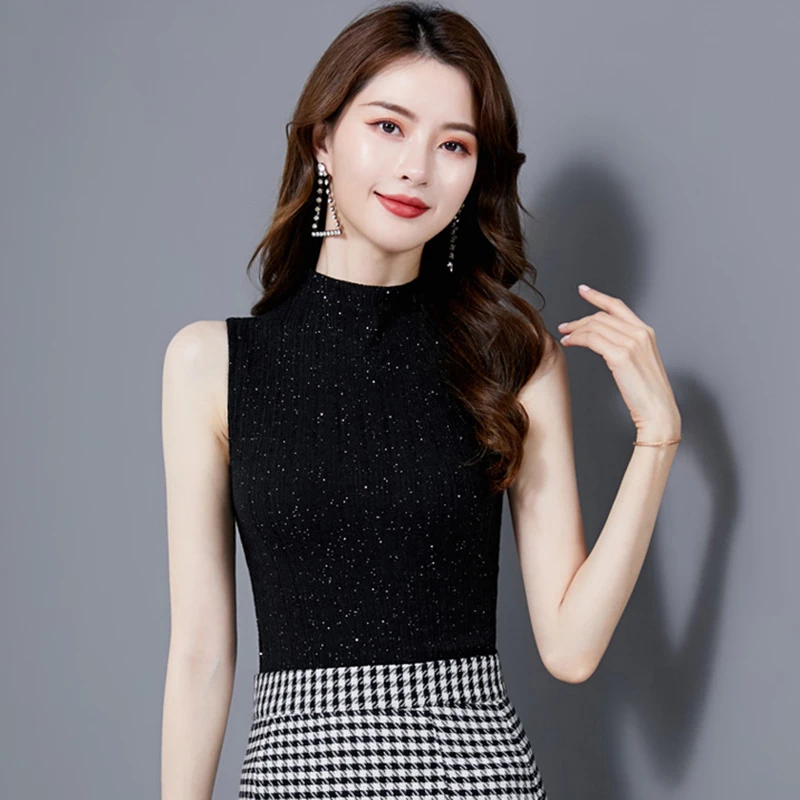 

Basic Mock Neck Tank Top Women Ribbed Viscose Shiny Lurex Tops Unfinished Layering Shirt Essentials 2025 Black White