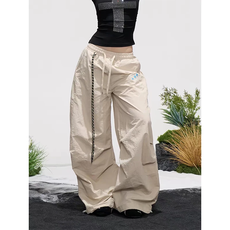 ZHIZOU Women Loose Apricot Pants Y2K Harajuku High Street American Sport Street Dance Hip Hop Streetwear Retro Wide Leg Clothes