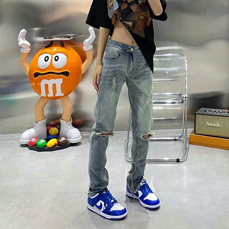 

Ретро джинсы в стиле High Street, облегающие брюки из денима с эффектом потертости, на молнии, с дырками, модные, для мужчин и женщин, на осень, зиму, весну