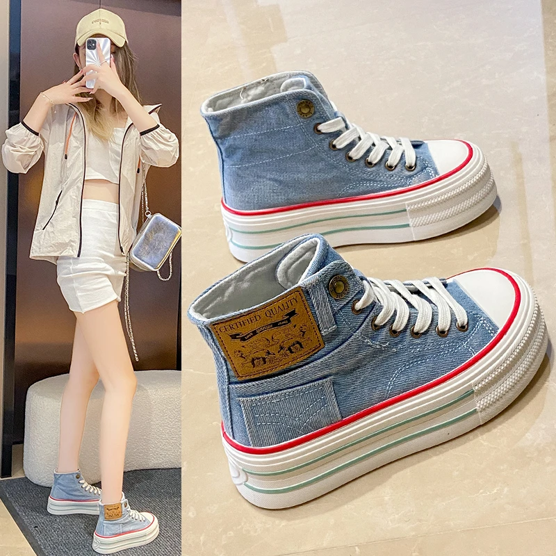 Thick-soled High-top Canvas Shoes Women 2024 New Tall Autumn Style Personality Hollow Denim Trend Sneakers Girls Platform Shoes