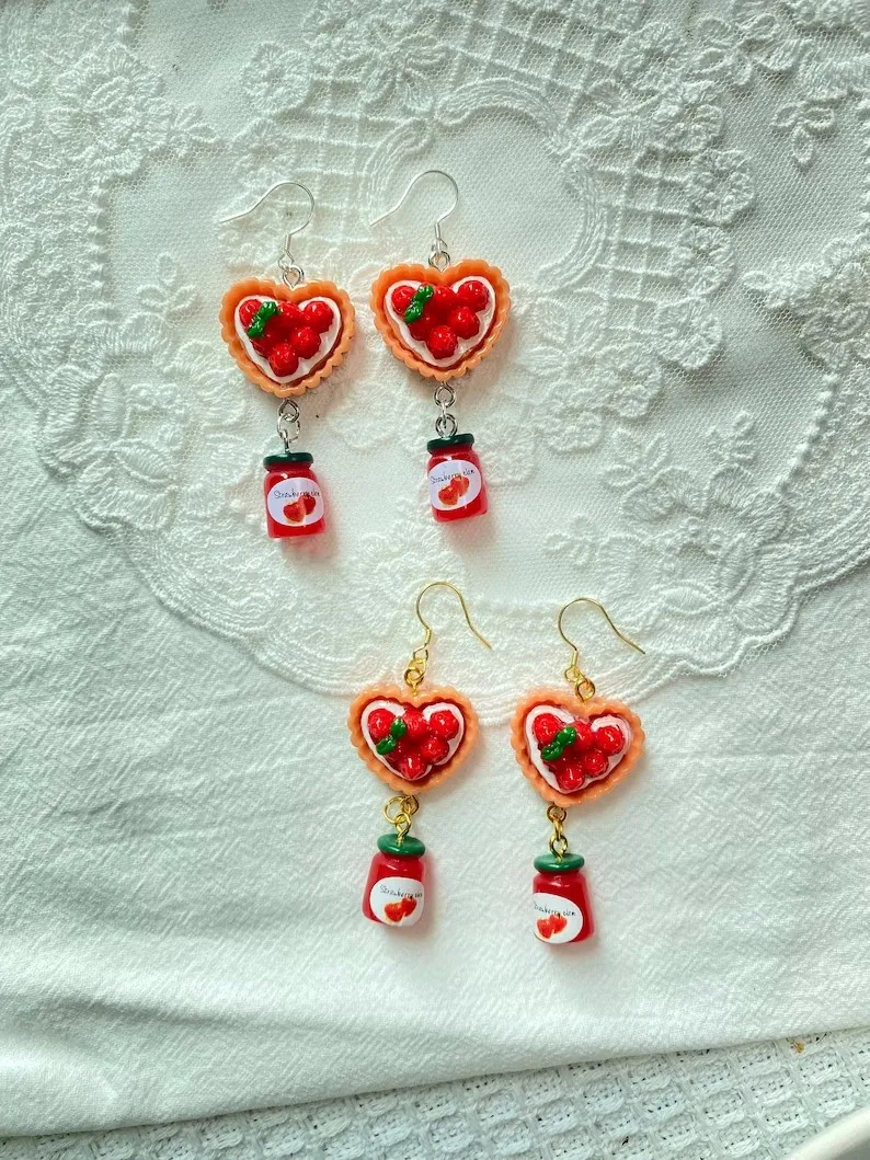 Strawberry earrings dangle, jam,Novelty jam Earrings,Quirky,kawaii,cute earrings,resin strawberry,Threaders