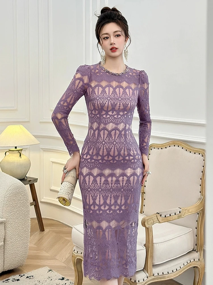 Women's Elegant Romantic Party Dress Lady Chic Sheer Lace Hook Flower Hollow Colored Diamond Neckline Robe Femme Prom Vestidos