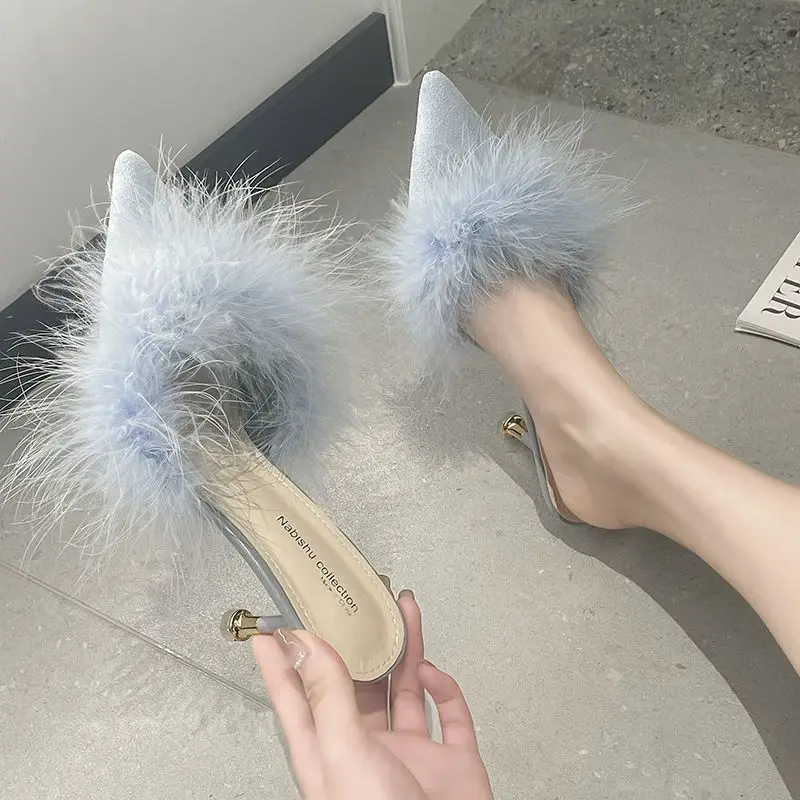 Sandals Rubber Shoes for Women 2024 Heeled Slides Off White Mules Woman Slippers Fluffy Summer Fuzzy Furry Luxury Footwear F Vip