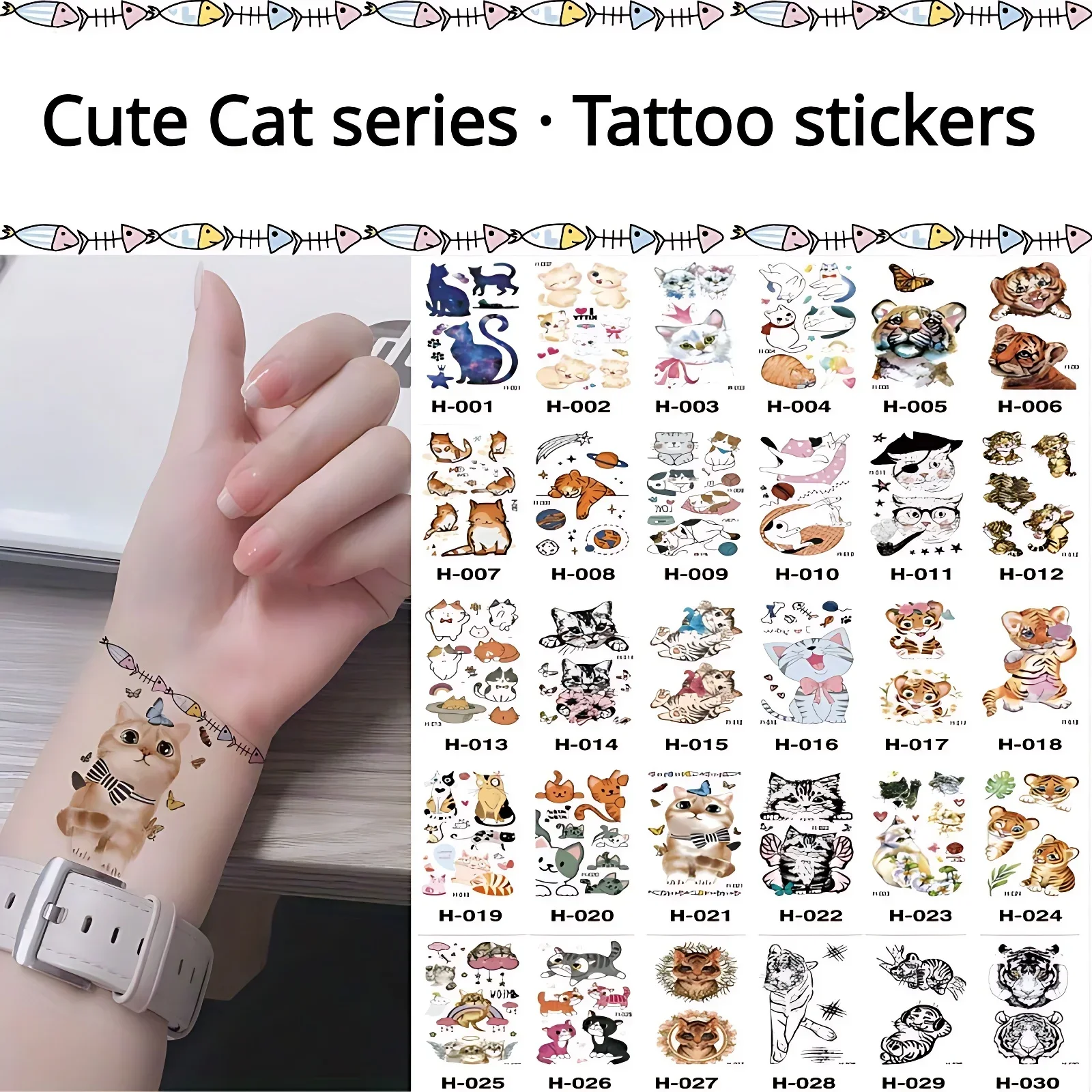 30sheets Fake Temporary Tattoos for Kids Women Girls Cute Funny Animal Pet Meme Cats Transfer Tattoos Hand Wrist Themed Chest