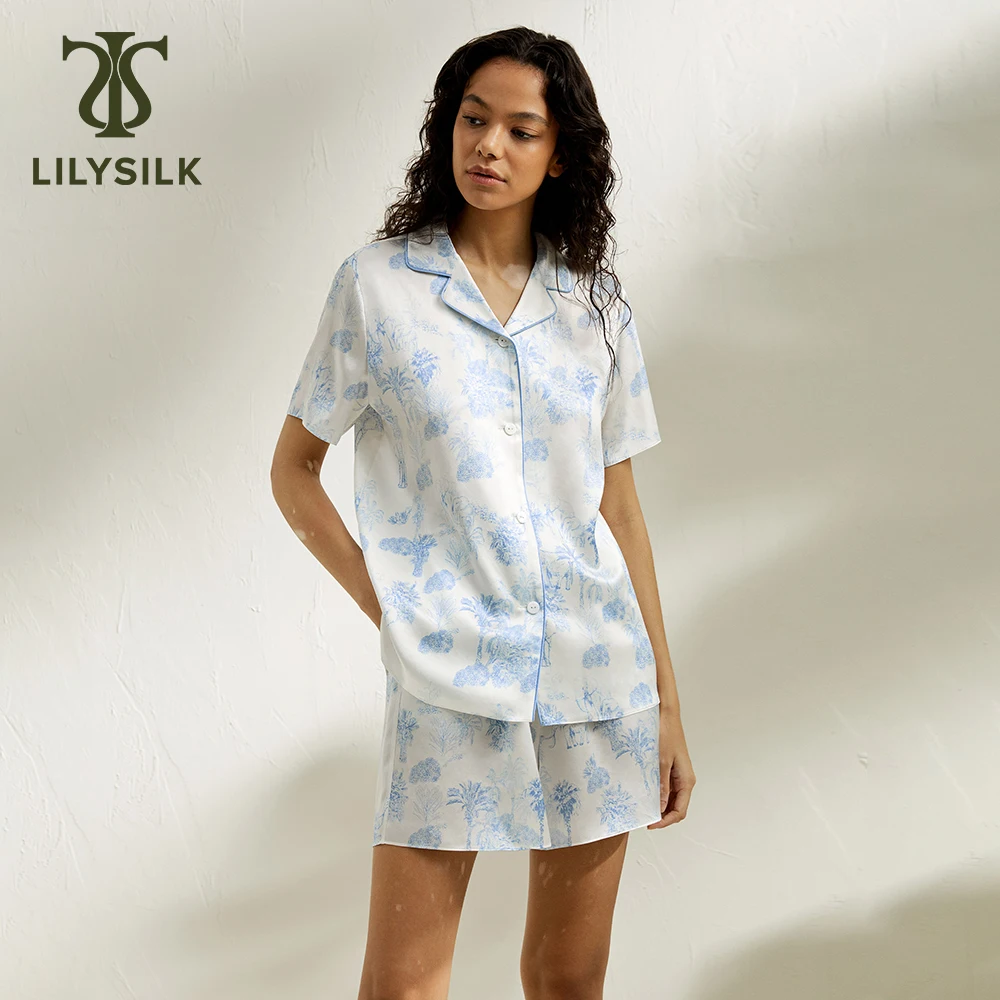 LILYSILK Women's Organic Silk Short Pajama Set Ladies La Terra Sleepwear with Contrast Piping for Casual Relax Lounge
