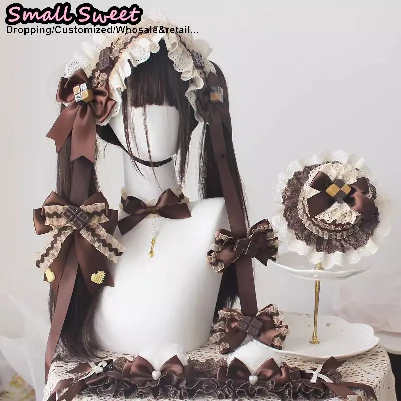 Women Lolita Headband Gothic Y2K Girls Cosplay Chocolate Headband Hair Accessories Bow Edge Clip Headwear Choker Wristband