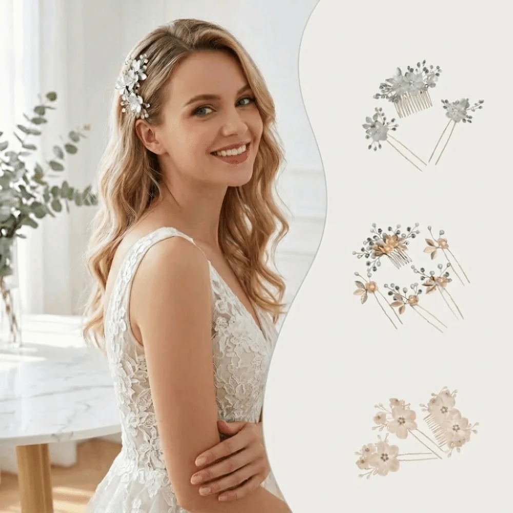 2/4/5Pcs Rhinestone Bridal Hair Accessories Sparkling Flower Pattern Pearl Hair Pins Forks Crystal Elegant U-shaped Hairpin Pin