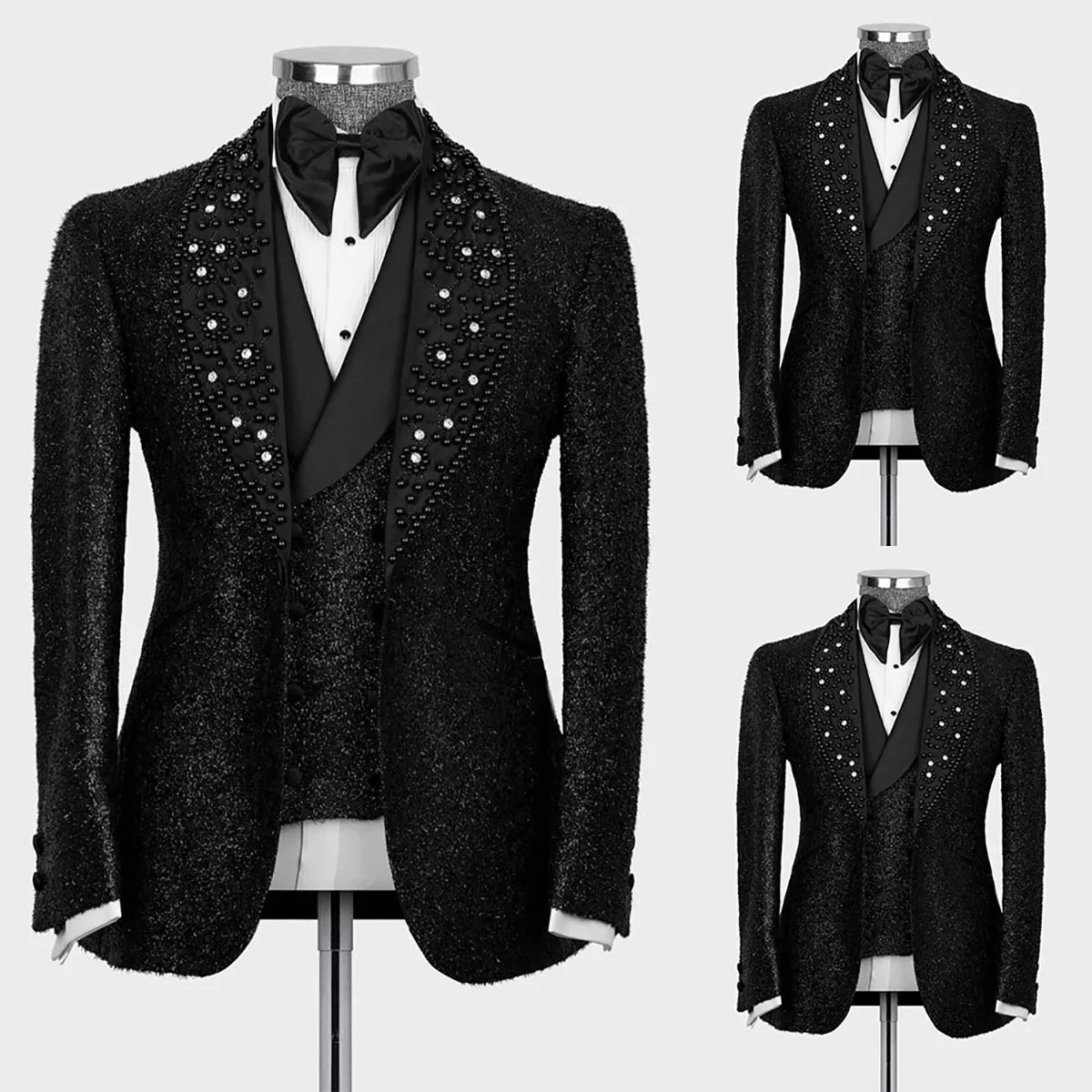 

3 Pieces Black Men Suits Luxury Crystal Beaded For Wedding Tuxedos Sparkling Sequins Groom Prom (Blazer+Pant+Vest) Custom Made