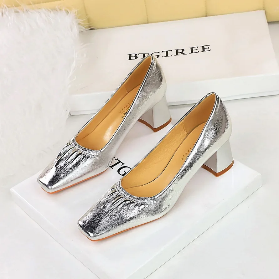 BIGTREE 2025 Spring Fashion Gold Silver Womens Pumps Square Heel Square Toe Stripper Elegant Party Ladies Shoes Zaptos Mujer