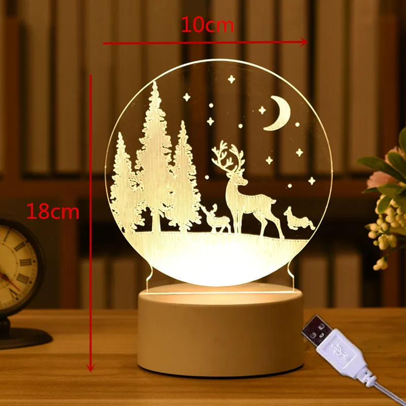 3D Acrylic USB Night Light, Elk Decorações de Natal para Casa, Xmas Tree, Guirlanda, Presente de Ano Novo, 2021