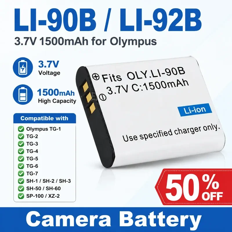 Batería para Cámara LI-90B/ LI-92B 3.7V 1500mAh para Olympus TG1 TG2 TG3 TG4 TG5 TG6 TG7 SH-1 SH2 SH3 SH21 SH50 SH60 SP-100 XZ2