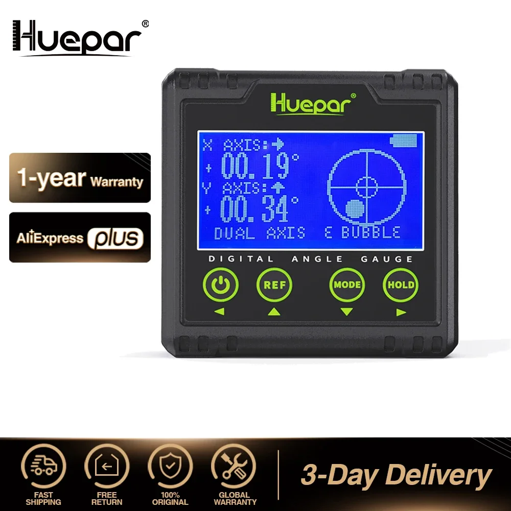 Huepar Digital Angle Gauge,Electronic LCD Inclinometer Bevel 360° Measuring Protractor With Magnetic Base And Audible Alert AG03