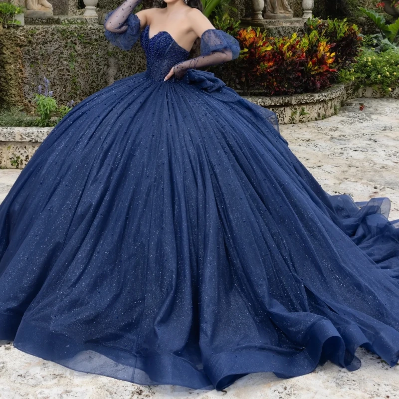 

Navy Blue Shiny Princess Sweet 16 Quinceanera Dresses Off The Shoulder Beading Pearl Bow Tull Corset Party Birthday Vestides 15