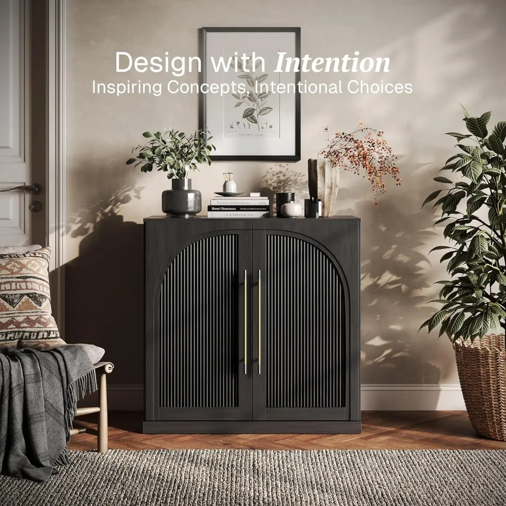 Aparador modular BELLEZE com portas de madeira de arco duplo, armário pequeno de buffet arqueado com armazenamento e prateleiras ajustáveis, clássico M