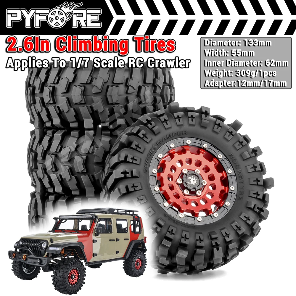 

PYFORE 2.6‘’ Beadlock Climbing Tires Metal Wheel Rim Hub 133x55mm Adapter 17mm/12mm for 1/7 RC Car Crawler MK07 JK07 Accessories