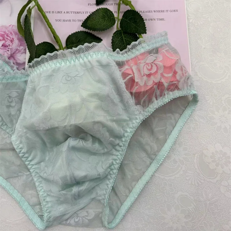 U convex  Mens lace  Breathable Lingerie Shine Soft Big Cock Oil Pouch Sexy Lace Briefs Sissy Panties  sexy underwear men